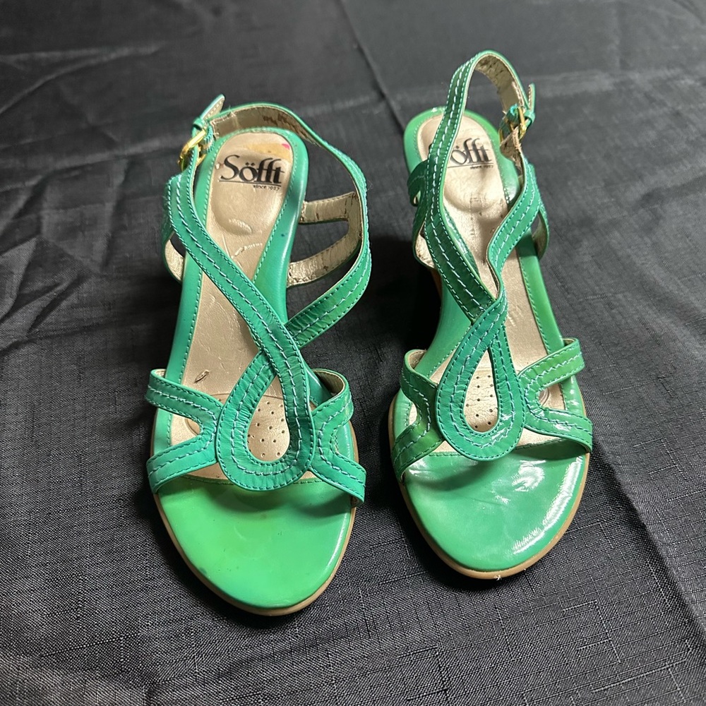 A Charming Seafoam Green Patent Leather Slingback Low Wedge Sandal